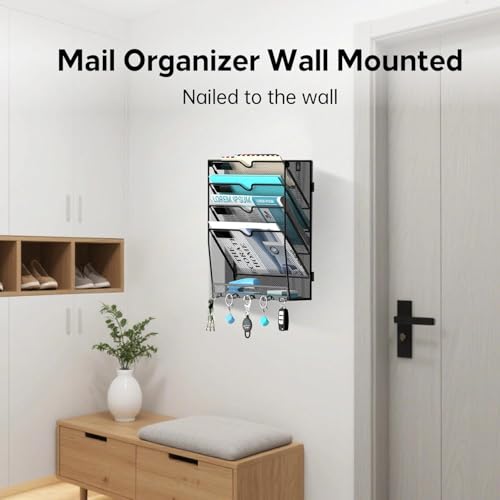 JMHUD 5 Tier Wall File Organizer - Hanging File Organizer with 5 Hooks, Mail Holder Wall Mounted for Papers, Folders, Magazines, Bills, Office&School Organization, Black