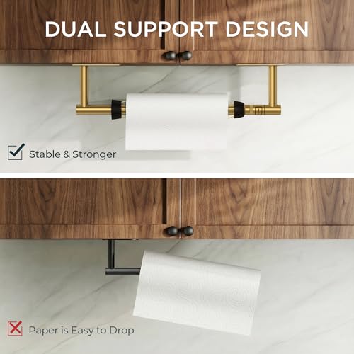 Image of FORIOUS Paper Towel Holder Under Cabinet, Single Hand Operable with Adjustable Damping for Easy Tear, Adhesive or Drill Wall Mount, 304 Commercial Paper Towel Holder for Kitchen Bathroom, Brushed Gold