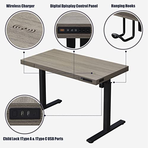 Kowo Electric Height Adjustable Standing Desk With Drawer, 48" Home Office Wooden Computer Desk Ergonomic Memory Control Workstation Sit Stand Desk, Grey Oak/Black #TOP7