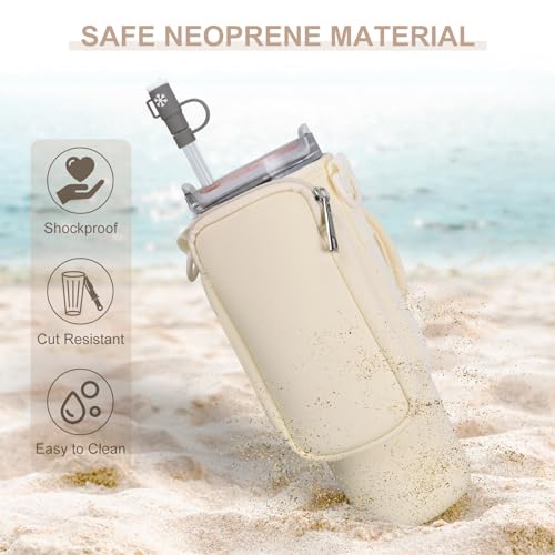 Image of Water Bottle Carrier Bag with Phone Pocket for Stanley 40 /30 oz Tumbler Neoprene Water Bottle Holder Pouch with Adjustable Strap Bollus with Straw Cover & Carabiner for Stanley Cup Accessories.