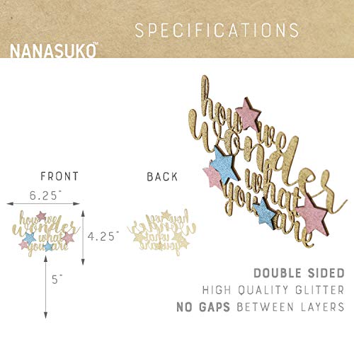 Nanasuko Gender Reveal Cake Topper - How We Wonder What You Are - Premium Quality Made In Usa - Double Sided Gold Glitter With Pink And Blue Stars #TOP1