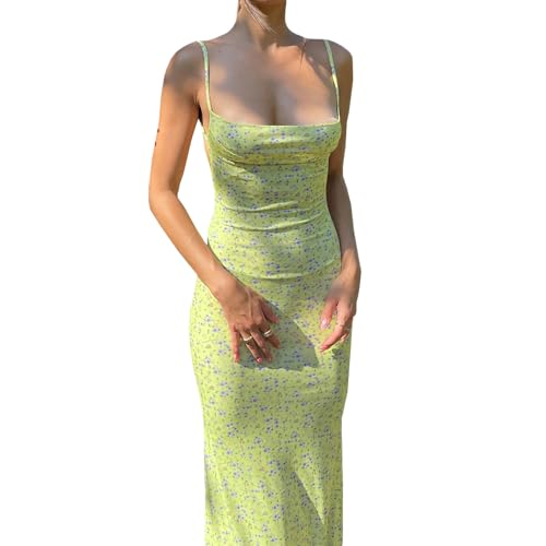 Edhomenn Women Y2k Cutout Maxi Dress Spaghetti Strap Backless Cocktail Dresses Floral Printed Sexy Bodycon Long Dress (Yellow, S)
