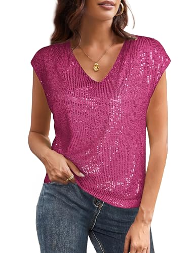 Image of GRACE KARIN Women’s Plus Size Tops Sparkly Sequin Tops for Women UK Short Sleeve Sparkly Evening Party Top XXL Size 20 Rosy Red