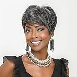 Short Pixie Cut Wigs for Black Women Straight Wigs for Black Women Short Bob Wig Ombre Grey Mixed Black Color Pixie Wigs Synthetic Straight Hairstyles Wigs Salt and Pepper Wigs for Women (1B/89A)