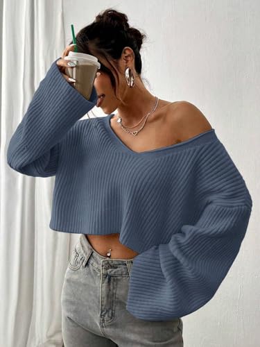 Narecte Women Cropped Sweater V Neck Sweaters Woman Long Sleeve Drop Shoulder Pullover Womens Sweaters Fall Sweaters3