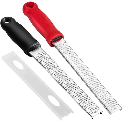 Image of Lemon Zester Grater with Handle, Kitchen Tool for Zesting Citrus Fruits & Finely Grating Parmesan Cheese, Garlic, Ginger, Coconut, Chocolate, Stainless Steel (Black & Red)