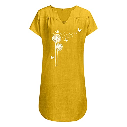 Wedding Guest Dresses Plus Size, Floral Dress T Shirt Gold Dresses For Women Formal Petite Women's Summer Casual Fashion Print Short-Sleeve V-Neck Loose Cotton Linen Dress Casual (5Xl, Yellow) #TOP27