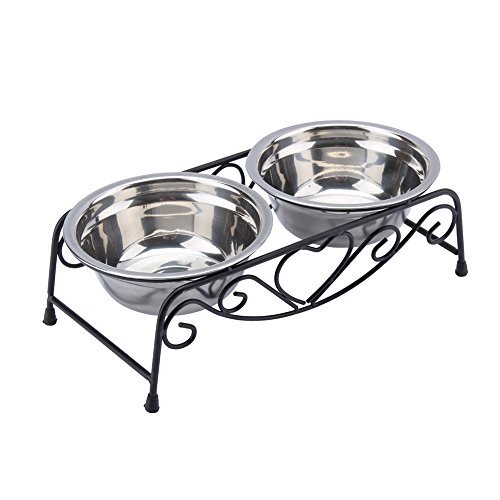 Raised Dog Bowls, Stainless Steel Double Pet Food Feeder Cat Water Dispenser Dish Bowls with Retro Iron Stand for Small or Medium Dogs Cats Puppy