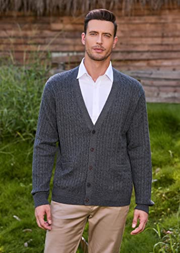 Kallspin Men's Cardigan Sweater Cashmere Wool Blend Cable Knit V Neck Buttons Cardigan With Pockets(Charcoal, 2X-Large) #TOP7