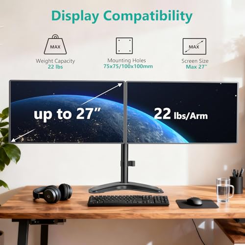 WALI 自立式デュアルLCDモニター 完全に調節可能なデスクマウント 最大27インチ、18.6ポンドの2つのスクリーンに対応 アームあたりの耐荷重(MF002LM) ブラック