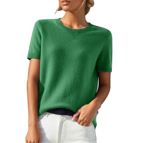 Short Sleeve Sweater for Women Plain Chunky Knitted Crew Neck Pullover Tops Business Casual Office Work T Shirts