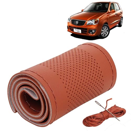 Image of KINGSWAY PU Leatherite Car Steering Cover Sewable Compatible with Maruti Suzuki Alto K10 (Year 2010-2014), Tan Color with Tan Thread, Pack of 1 with Sewing Needle and Thread