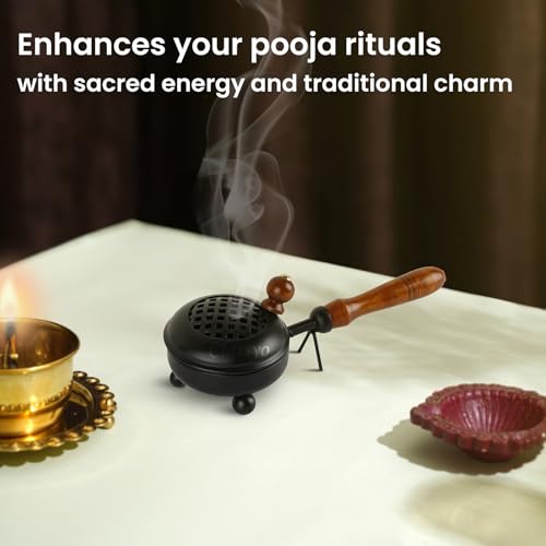 Image of Classyo Metal Dhoop Holder with Wooden Handle | Dhup Dani Loban Burner | Sambrani Dhoop Stand | Doopam Sambrani Holder for Puja | Loban Dhuni Burner (3 inch, Black, Round)