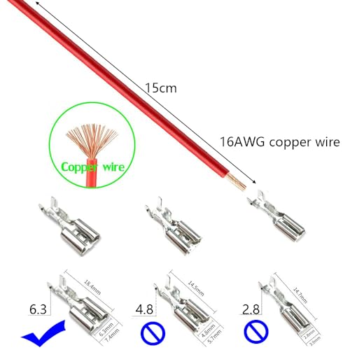 Gebildet 20tlg 6.3mm Flachstecker-Crimpanschlussbuchse mit Isolierhülse und 15cm langem 16AWG Kabel, Rot + Schwarz, Flachstecker-Schnellspleiß-Sortiment-Kit
