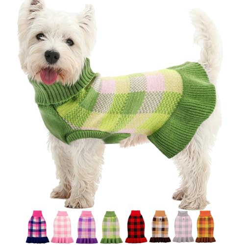Image of Dog Sweater Dress Plaid Knitwear for Small Medium Dogs Warm Puppy Pet Turtleneck Stretch Pullover Cute Fall Winter Vest Clothes with Leash Hole for Christmas (Green, L)