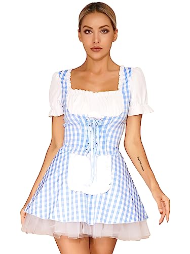 FEESHOW Womens Gingham Dress Miss Muffet Cosplay Fancy Dress Ruffle Plaid Maid Dress Costume with Apron Blue L