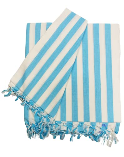 Image of Arvore Bunkaar Pure Handloom 100% Soft Desi Bamboo Viscose Soft Bhagalpuri Andi Chadar /Summer Blanket /Khes /Top Sheet /AC Blanket /Odhne wali Chadar (Turquoise, Striped, 1, Bhagalpuri Chadar)
