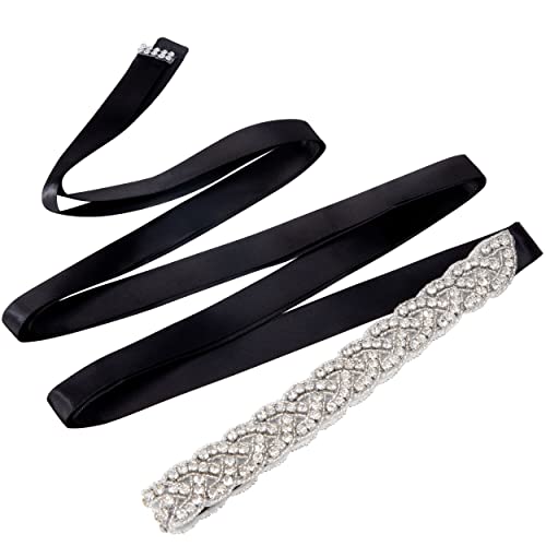Jeesblsy Cinturón de Boda de Cristal de Diamantes de Imitación, Mujer Cinturón de Vestidos Fajín con Apliques Cadena de Cintura de Novia para Fiesta, Graduación Accesorios (Negro)