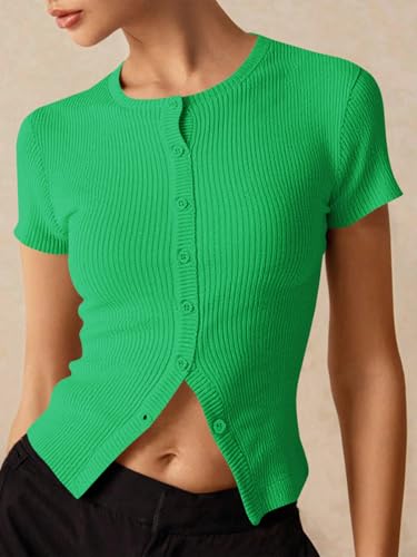 Image of Imily Bela Womens Short Sleeve Sweater Tops Summer Button Down Casual Ribbed Knit Slim Fit Cropped Cardigan Shirts