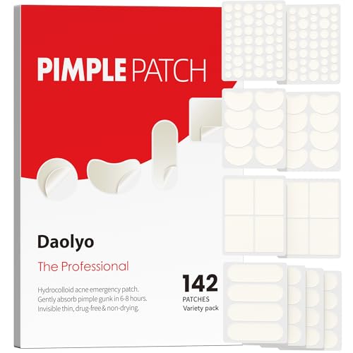 Image of Daolyo Large Acne Pimple Patches for Face, 6 Sizes 142 Counts Big Hydrocolloid Bandages for Body, Forehead, Chin, Nose, Neck & Chest(Round, Oval, Moon, Square)