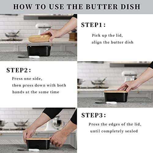Large Ceramic Butter Dish For Countertop - Butter Keeper With High-Quality Silicone Sealing, Natural Wooden Lid And Stainless Steel Knife, Kitchen Decor And Accessories For Kitchen Gifts (Black) #TOP3