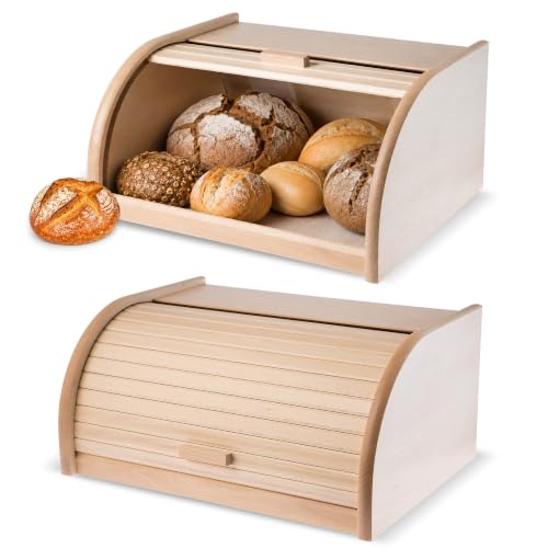 KADAX geräumiger Brotkasten aus hochqualitativem Holz, Brotbehälter mit Rolldeckel für längere frische, Brotbox mit Frontklappe, öko, Rollbrotkasten, Brotaufbewahrung (Natur)