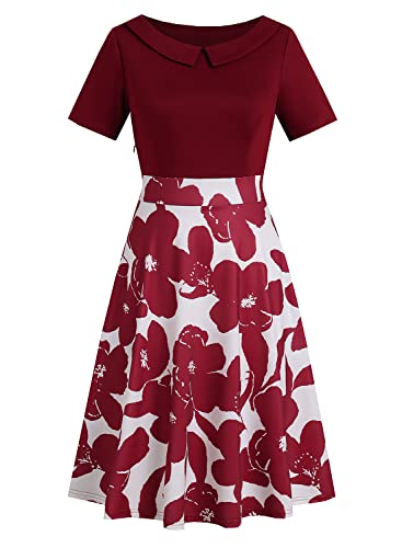 Image of Women's Elegant Vintage Dresses Knee Length Casual Floral Print Work Party Peter Pan Collar A-Line Dress with Pockets 978