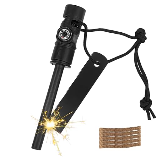 MOSTFUN Pedernal Supervivencia Magnesio Mechero Kit 5 En 1 Encendedor con Brújula Silbato Cuerda de Cáñamo Encendedor Supervivencia para Camping Supervivencia Exterior (Negro)