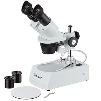 AmScope SE305R-PX Forward-Mounted Binocular Stereo Microscope, WF5x and WF10x Eyepieces, 5X/10X/15X/30X Magnification, 1X and 3X Objectives, Upper and Lower Halogen Lighting