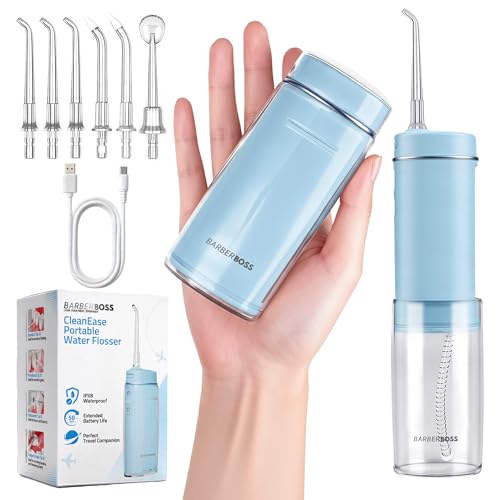 BarberBoss Travel Water Flosser 6 Nozzle Tips Cordless Oral Irrigator USB-C Rechargeable and 3 Pressure Modes Compact Water Flosser IPX8 Waterproof Pocket Jet Flosser QR-7114 (Sky Blue)
