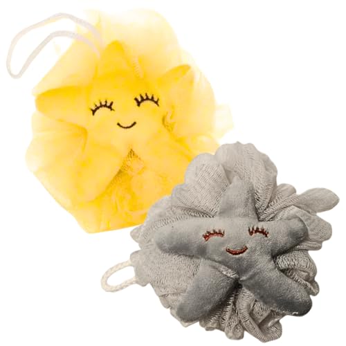 Esponja de Baño, pack 2 esponjas de ducha, esponja de ducha infantil, estrella de mar, flor de baño estrella con correa, esponjas Gris y Amarilla