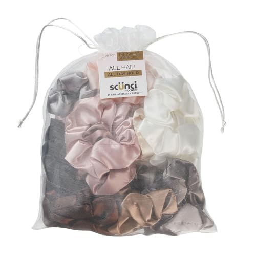 Scunci by Conair The Original Scrunchie Hair Ties, 20 Count Hair Scrunchies for Women, Super- Comfy Nylon Silk Ponytail Holders, Everyday Accessories for Sports and Working Out, Assorted Colors