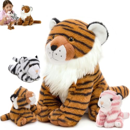 Image of MorisMos Tiger Stuffed Animal with Babies Plush Set, Realistic Mommy Stuffed Tiger Plush with 3 Baby Cubs Inside, Wild Zoo Animal Toys for Kid Toddler Christmas Decor Birthday Gift Jungle Themed Party