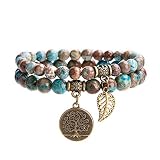 Bivei Natural Semi Precious Gemstone Beads Bracelet for Women - Life Tree and Leaf Charm Chakra Energy Anxiety Stretch Bracelets(Blue Lace Agate Beads)