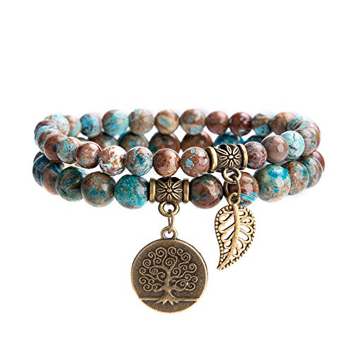 Natural Semi Precious Gemstone Beads Bracelet For Women - Tree Of Life And Leaf Charm Chakra Energy Healing Anxiety Stretch Bracelets(Agate Beads) #TOP23