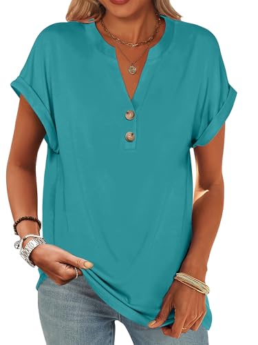Image of ANRABESS Womens Short Sleeve Henley Tops V Neck Dressy Casual Blouses Summer Trendy Tee Shirts 2026 Vacation Fashion Clothes