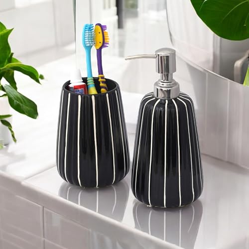 Image of Hand-Painted Ceramic Bathroom Accessories Set of 2 - Black Stripe