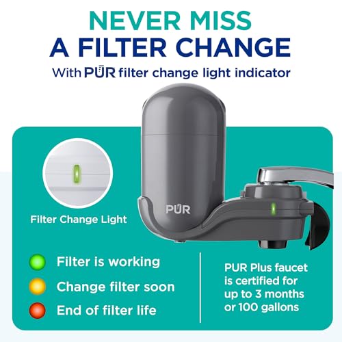 PUR Plus Vertical Faucet-Mount Water Filtration System, Lead-Reducing Filter, Easy Installation, 100-Gallon Capacity, Compatible with External Aerators, Grey