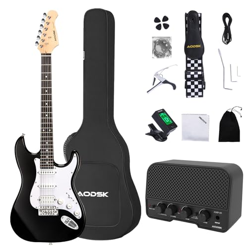 AODSK Electric Guitar with Amp Beginner Kit 39 Inch Solid Body Full Size,All Accessories,Digital Tuner,Six Strings,Four Picks,Tremolo Bar,Strap,Gig Bag,Starter kit (Black-HSS)
