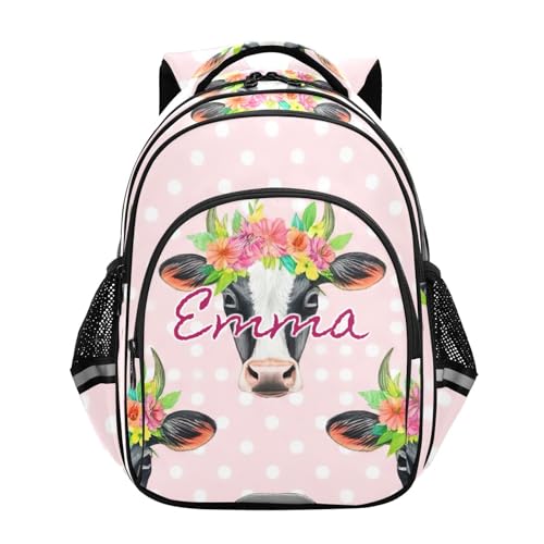 Sac à dos pour ordinateur portable pour filles imprimé vache fleurie rose