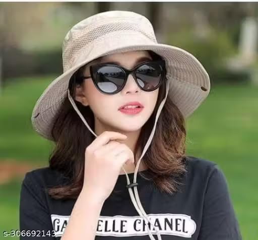 Image of Round Crown Hat Sun Visor Hats for Women UV Protection Wide Brim Summer Cap for Girls UV Breathable Casual Beach Hat, Safari Hat Sun Protection Cap for Women Girl Men (Beige)