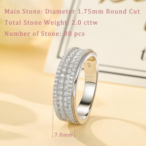 Womens Moissanite Wedding Band 925 Sterling Silver 2ct 88 Round Cut 4 Rows of D Color VVS1 Clarity Promise Engagement Ring Gift for Her Size 5-102
