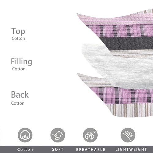 Image of Homzard 100% Cotton King Quilt Bedding Set, Pink Black Striped Plaid King Size Quilt,Lightweight Breathable Vintage Bedspread Set,Reversible Comforter Coverlet Four Season 3 Pieces Bed Set | Oeko-Tex Certified