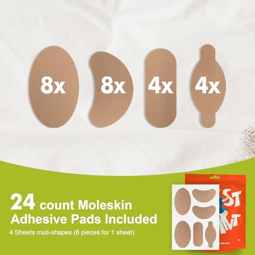 Image of Moleskin for Feet, Moleskin Adhesive Pads, Mole Skin Patch for Blisters, Shoes, Toes, Heel | Blister Prevention Tape Pads Reduce Friction - 4 Sheets (24 Pieces Total)