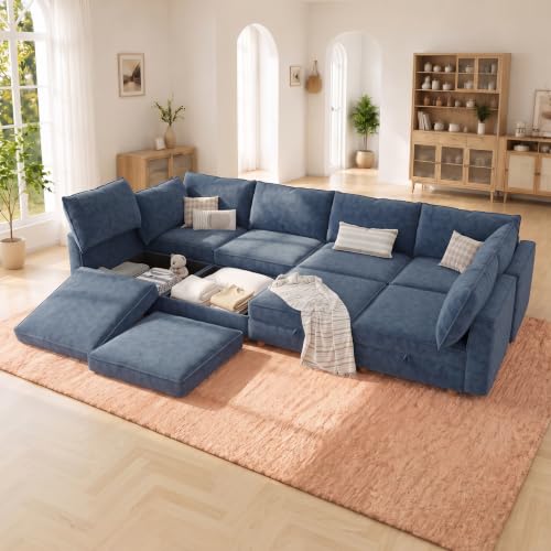 Image of 128 inch Chenille Modular Sofa Bed with Washable Covers & Storage, 8-Seater Modular Sectional Sleeper Sofa Bed with Movable Ottoman Chaise, Convertible Sleeper Sectional Couches for Living Room, Blue