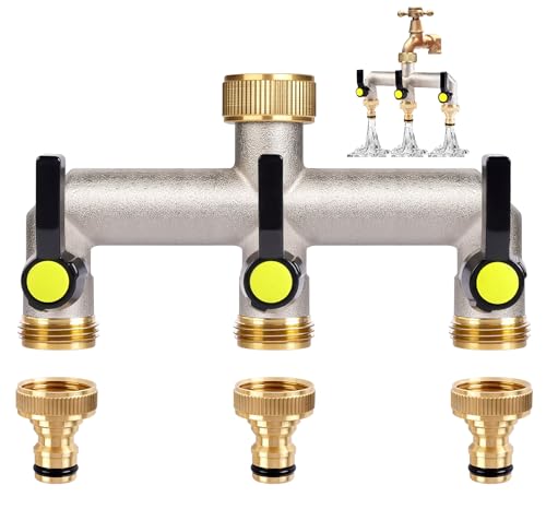 ilauke Wasserverteiler 3 Wege, Verlängerter Griff, 3/4 Zoll Messing Wasseranschluss Verteiler mit 3 Stück 3/4 Zoll auf 1/2 Zoll Hahnanschluss für Haus, Hof, Waschmaschine, Gartenschläuche, Geräte