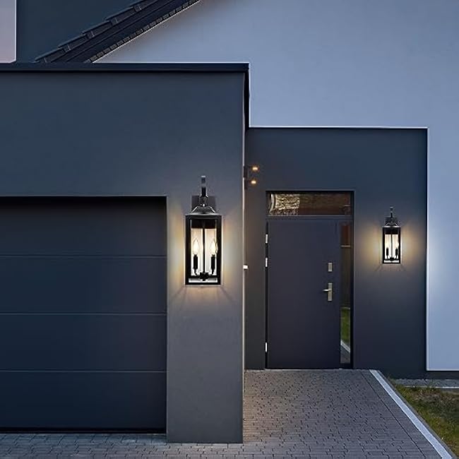 19 Black Outdoor Wall Lantern 2-Light, Large Outside Modern Porch Sconce Light Fixture, Industrial Porch Light Wall Mount with Glass, Waterproof Farmhouse Exterior Lamp Lighting £¨1 Pack£©