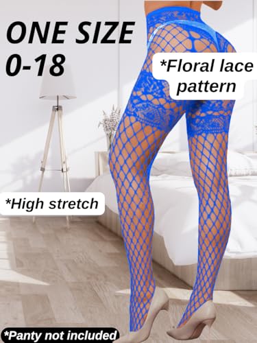 Image of ChiaoLezhee Sexy Wide Fishnet Tights, Floral Lace Garter Stockings For Women, Fishnets Fish Net Fits 0-18