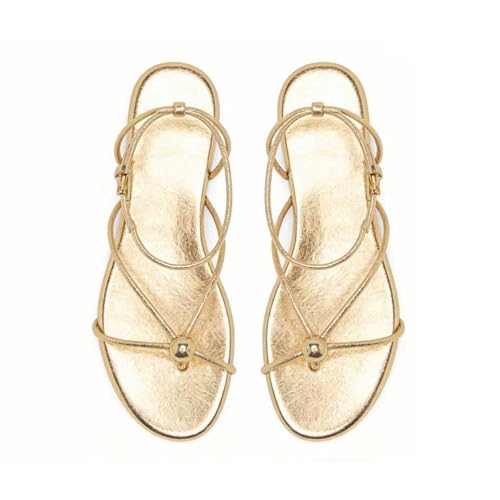 Image of Strappy Flat Sandals for Women Comfortable Open Round Toe Sandals Dressy Beach Thong Flip Flop Slides