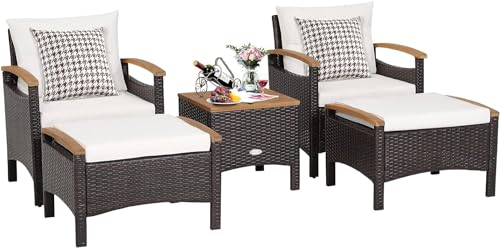 GIANTEX Juego de Muebles de Jardín de Ratán 5 Piezas, 2 Sillones, 2 Otomanas y 1 Mesa de Café, Conjunto de Muebles con Cojines para 2/4 Personas, Conjunto de Conversación para Patio, Balcón (Blanco)